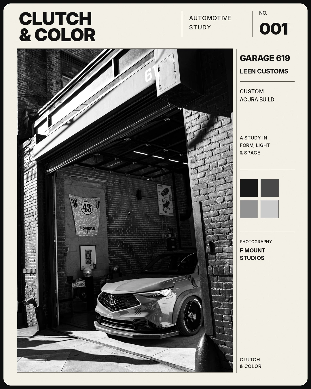 Original Clutch & Color No. 001 Garage 619 page with monochrome garage image